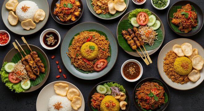 Indonesian food variety featuring yellow rice satay fried noodles rendang and krupuk served with vegetables and spicy dipping sauces