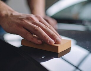 Obraz premium Close-up of adult male hand polishing car surface with orange sponge