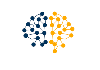Abstract neural network design with blue and yellow brain nodes on transparent background, PNG