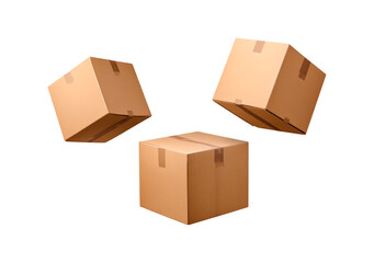 Three cardboard boxes hovering on transparent background, PNG