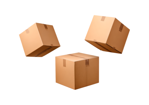 Three cardboard boxes hovering on transparent background, PNG