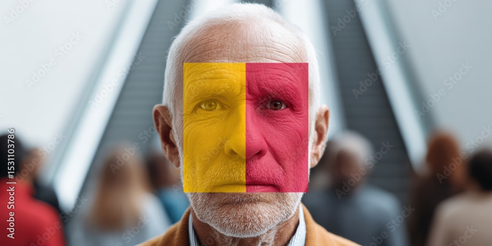 Aufkleber Facial Recognition Technology Scanning Diverse Crowd in Busy Public Space with Digital Overlays for Advanced Security and Urban Safety Monitoring
