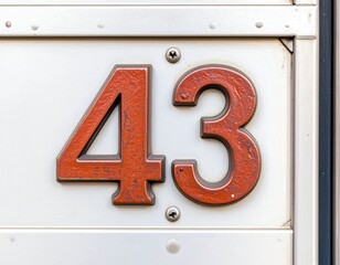 Rustic red number 43 on white metal surface