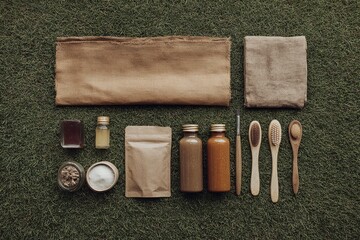 Flat lay of natural beauty products on grassy surface.  Beige fabrics, jars, bottles, and wooden utensils are arranged neatly