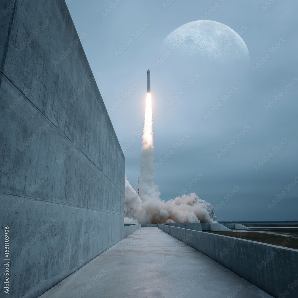 Poster rocket launch ascending through atmosphere with moon backdrop, emphasizing aerospace innovation and 
