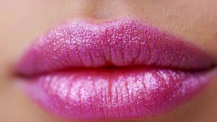 Closeup sequence of glossy pink lips with subtle movement and expression change