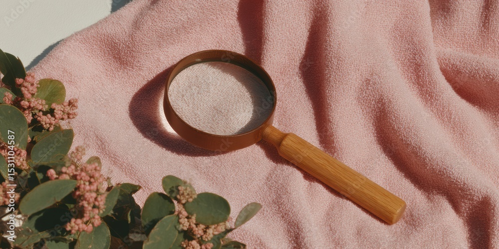 Poster wooden handle magnifying glass on textured surface with greenery accent - minimalist natural materia