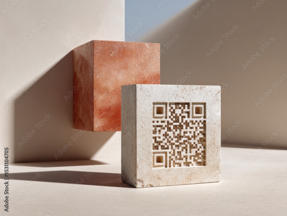 Poster Modern Stone QR Code Icon on Minimalist Surface with Clean Lines Symbolizing Future-Ready Digital Innovation and Scanning Solutions