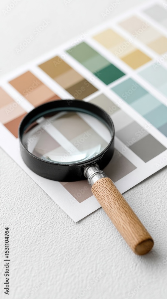 Poster Modern Proof Testing with Magnifying Loupe on Color Calibration Chart for Precise Print Quality Control in Commercial Graphic Industry