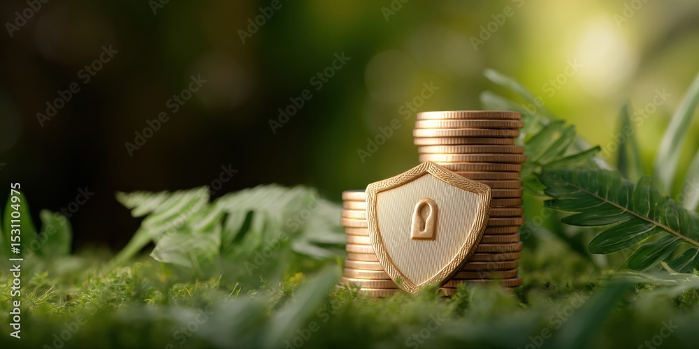 Poster gold privacy coin shield with embossed lock emblem and stacked coins on natural background - financi