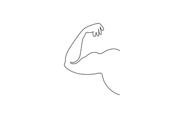 Arm shows bicep fist. Continuous one line vector, Man's hand shows a fist on the biceps in line style. Continuous one line vector drawing ,Man shows bicep fist hand continuous line drawing.