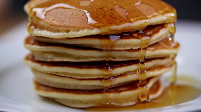 Golden syrup drizzles over fluffy pancake stack in tempting breakfast closeup