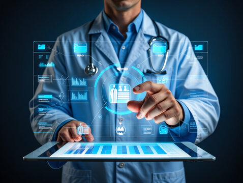 Doctor using digital tablet with medical data interface