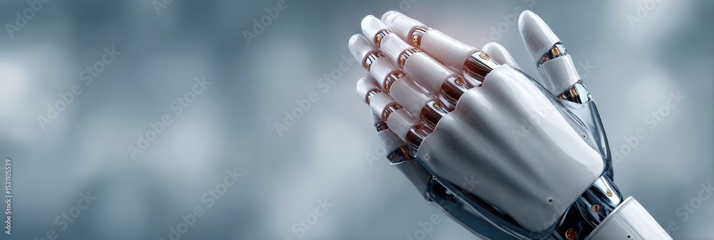 Aufkleber Futuristic Robotic Hands in Prayer Pose with Reflective Metallic Surface - Advanced AI Technology and Modern Robotics Concept for Innovation and Tech Branding