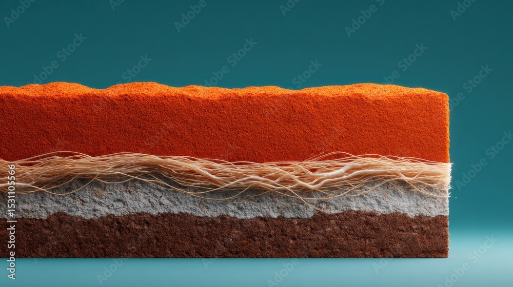 Poster modern nutrient profile cross-section of layered soil with detailed grass roots and varied earth tex