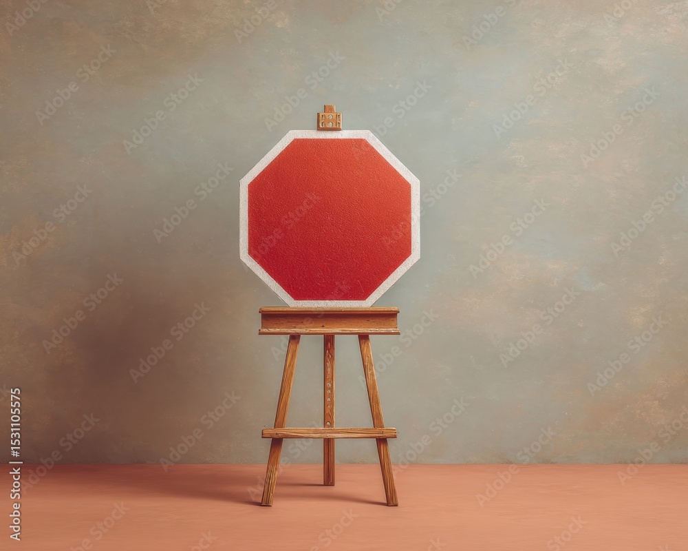 Poster minimalist no entry sign on canvas with wooden easel against seamless background for clear safety co