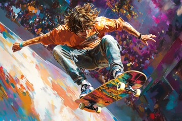 Young skateboarder showcasing skills, performing a trick mid-air, against a backdrop of a colorful, energetic crowd