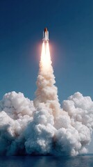 Space tourism rocket launching mini-satellites into low Earth orbit with vibrant cloud illumination and ocean view for aerospace innovation marketing