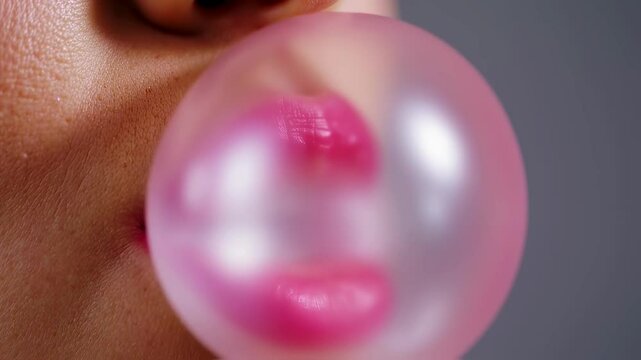 Closeup sequence of bubble gum blowing and bursting with vibrant lipstick