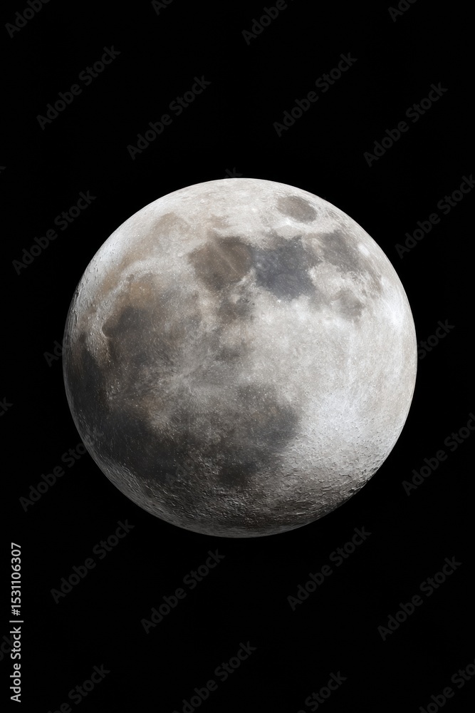 Poster detailed full moon with craters and texture isolated on transparent background for astronomical scie