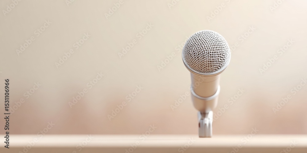 Poster modern conference stage microphone focused for keynote speech in minimalist setting signifying readi
