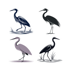 Four stylized egret bird wading silhouette illustrations in different colors