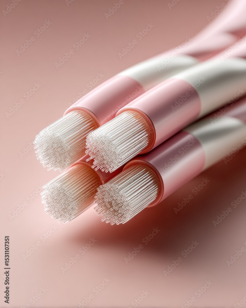 Poster high bandwidth optical fiber cable ends with visible fiber strands on soft pink surface for modern h