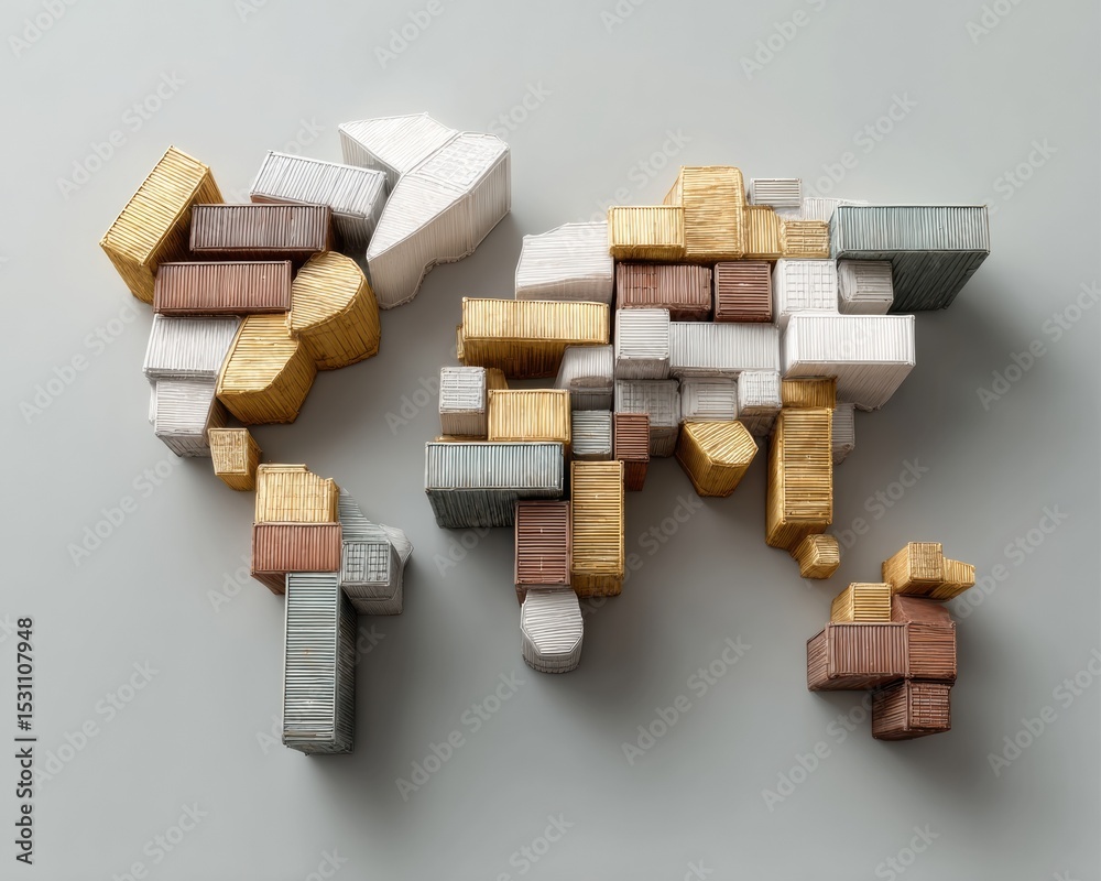 Poster geopolitical world map made of shipping containers in neutral tones illustrating global trade networ