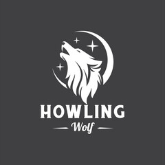 Howling Wolf Dog In The Dark Night With A Background Of Crescent Moon And Stars Logo Design