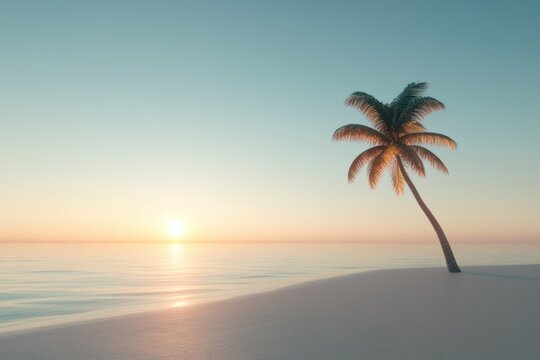 A palm tree is standing on a beach with a beautiful sunset in the background