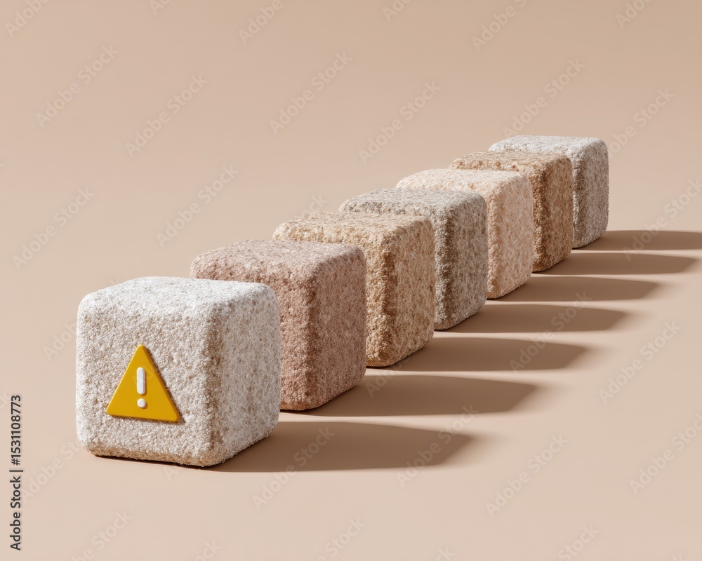 Aufkleber Minimalist error correction concept with textured cubes and standout warning symbol, highlighting anomaly detection and system integrity in modern business risk management