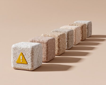 Minimalist error correction concept with textured cubes and standout warning symbol, highlighting anomaly detection and system integrity in modern business risk management