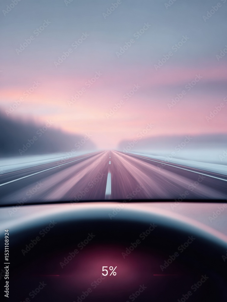 Poster electric car dashboard close-up showing 5% battery at dusk with blurred highway view - modern ev ran