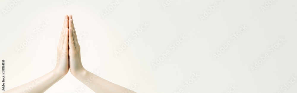 Poster Close up of hands in prayer gesture on a soft light background with empty copyspace for design or promotion concept. Ai generative.