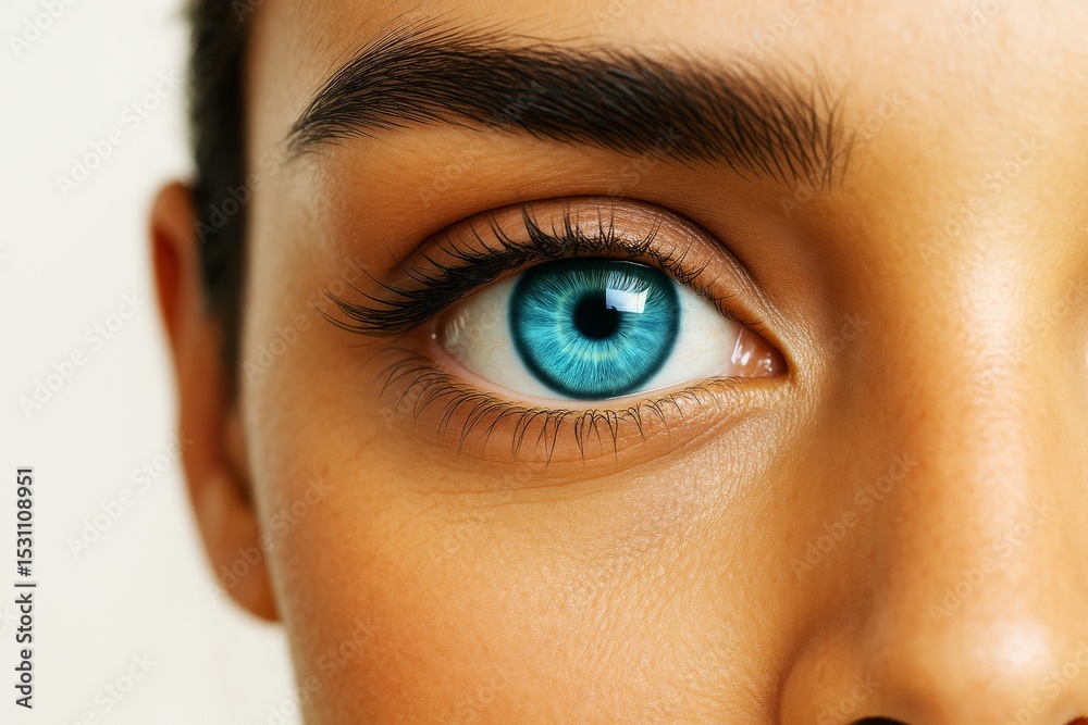 Poster close-up of a person bright blue eye with detailed iris and eyelashes, captured in sharp focus on a 