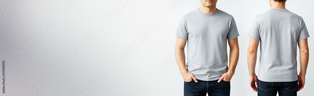 Poster front and back view of man in gray t-shirt for clothing mockup presentation on clean light backgroun