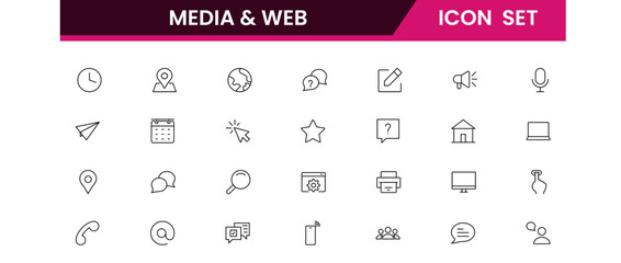 Vector Icon Collection for Media and Web Applications Line Style Illustrations Covering Data Analysis, Marketing Strategies, Communication, and Management Interfaces