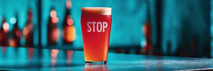 Modern Alcohol Awareness Campaign Beer Glass with Stop Sign on Bar Counter Highlighting Responsible Drinking and Social Safety Messaging