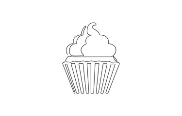 Continuous one line drawing of cup cake. One line drawing illustration of muffin cake, Sweet cupcake simple outline illustration. Continuous line drawing