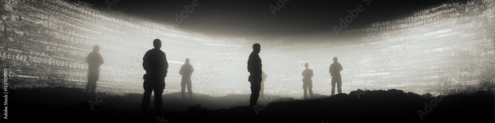 Poster cyber warfare soldiers silhouetted against digital battlefield with binary code overlays and tactica
