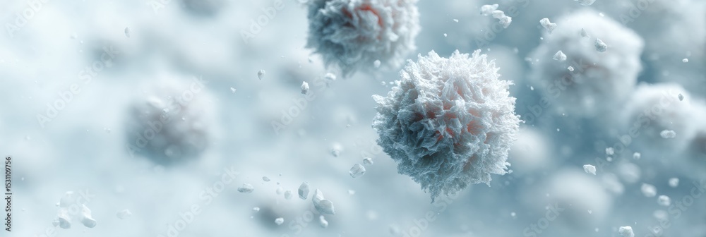 Poster detailed virus microorganisms with spiky crowns floating in atmospheric space - medical science visu