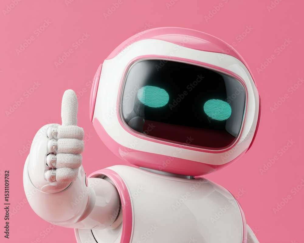 Poster friendly companion robot with expressive digital face giving thumbs up gesture on pink background - 