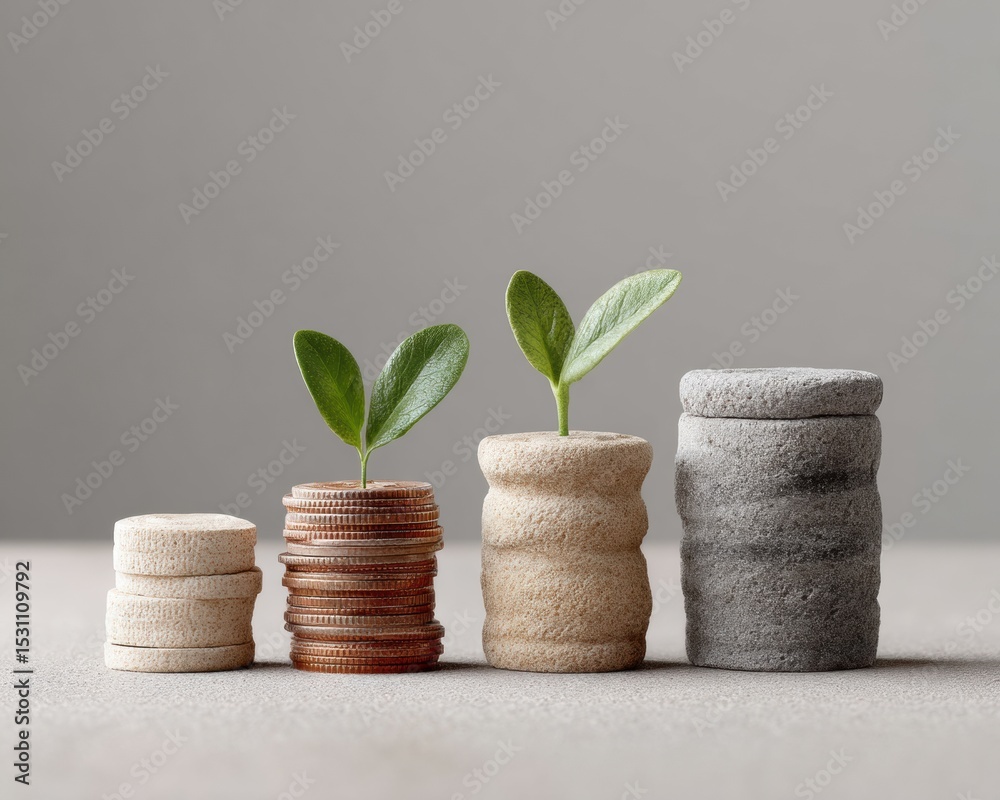 Poster sustainable growth concept with small plants sprouting from stacked coins and textured stone on mini