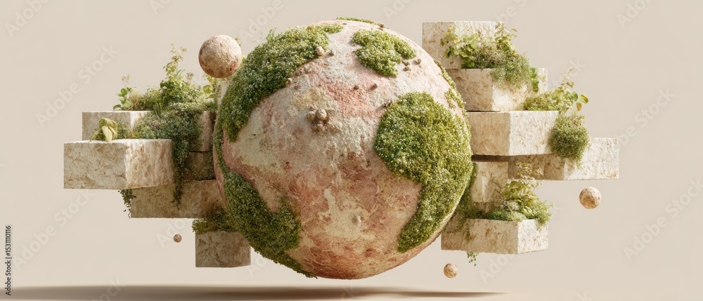 Poster digital globe hologram surrounded by moss and seedlings representing global sustainability and eco-f