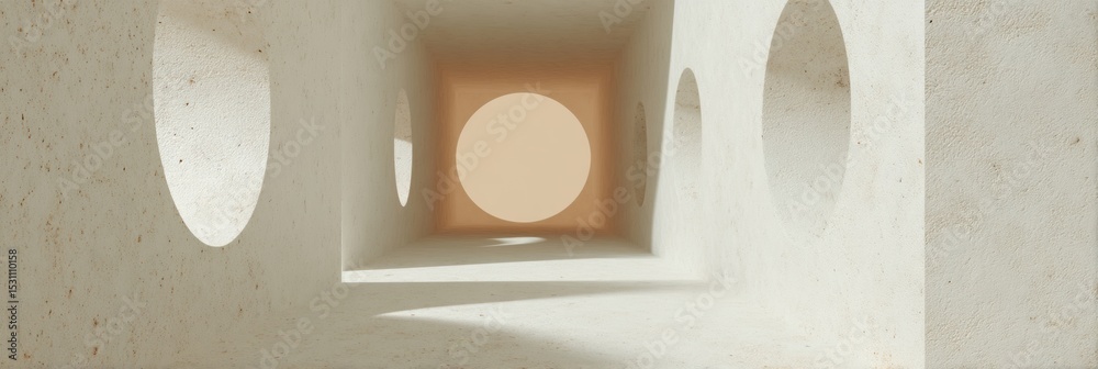Poster Abstract Minimalist Architecture with Circular Cutouts and Soft Natural Light - Modern Interior Design and Artistic Spatial Composition