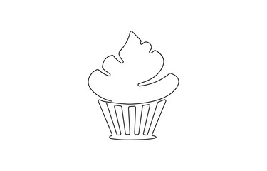 Continuous one line drawing of cup cake. One line drawing illustration of muffin cake, Sweet cupcake simple outline illustration. Continuous line drawing