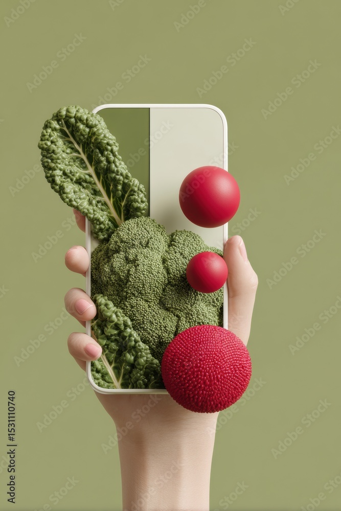 Aufkleber Modern hand holding smartphone with AI voice command interface and digital voice visualization, showcasing smart assistant technology and portable AI integration