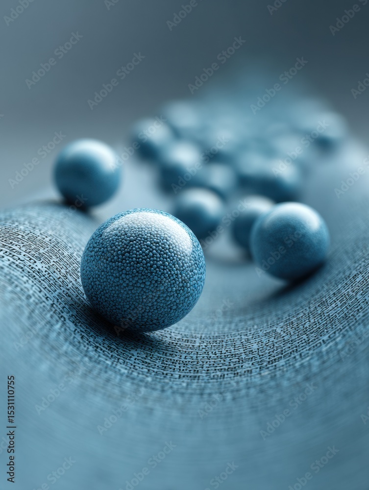 Poster curved address book pages with alphabetical entries and textured blue spheres symbolizing organized 