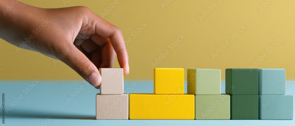 Aufkleber Modern Workforce Integration Concept with Wooden Blocks Pyramid on Minimalist Surface Showing Structured Hierarchy and Employee Development Pathways