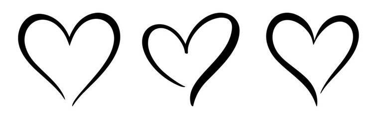 Calligraphic love heart. Heart icons set. Hand drawn abstract romantic symbols perfect for Valentine’s Day, wedding, or love themed designs. Heart, love, icons, hearts, romantic, vector.